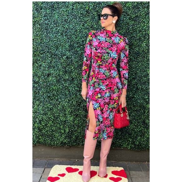 FUTURE COLLECTIVE NWOT Kahlana Barfield Brown Floral Midi Dress High Slit S HOT - Picture 7 of 7